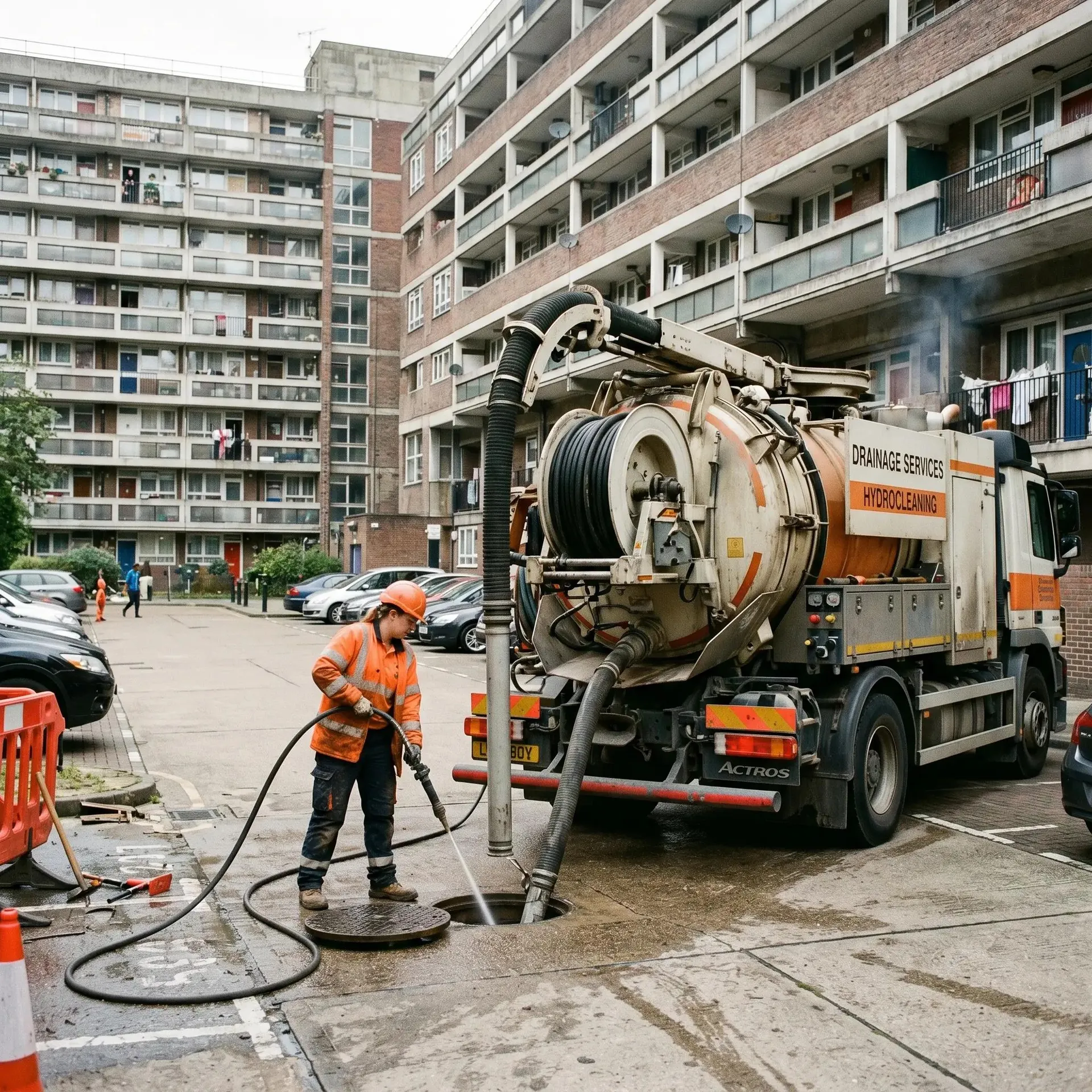 Technicien réalisant un débouchage par hydrocurage devant un immeuble d'Aubervilliers